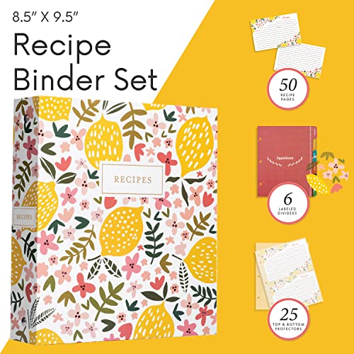 Jot & Mark 8.5"" x 9.5"" 3 Ring Recipe Binder with 50 Matching 4x6 inch | 50 Recipe Cards + 25 Sleeve Protectors + 5 Full-Page Sleeves + 6 Divider Tabs | 8.5x9.5 3-Ring - color: Summer Citrus, size: 8.5" x 9.5"