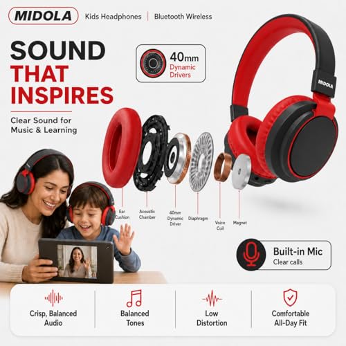 MIDOLA Kids Bluetooth Headphones 68H Play Time,Volume Limit 85/94dB, Foldable Lightweight Wireless Over-Ear Headphone for Toddler Kid Child Pad,Headsets with Aux Built-in Mic Black - color: Black