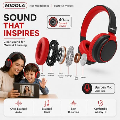 MIDOLA Kids Bluetooth Headphones 68H Play Time,Volume Limit 85/94dB, Foldable Lightweight Wireless Over-Ear Headphone for Toddler Kid Child Pad,Headsets with Aux Built-in Mic Black - color: Black