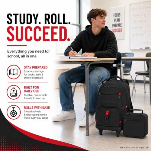 CCJPX 3Pcs Men & Boys Rolling Backpack with Bigger Wheels, Extra-Large Wheeled Bookbag with Lunch Box, Water Resistant Extra-Large Roller Luggage for Travel, Work, College (Black) - color: Black(upgrade Large Wheel)