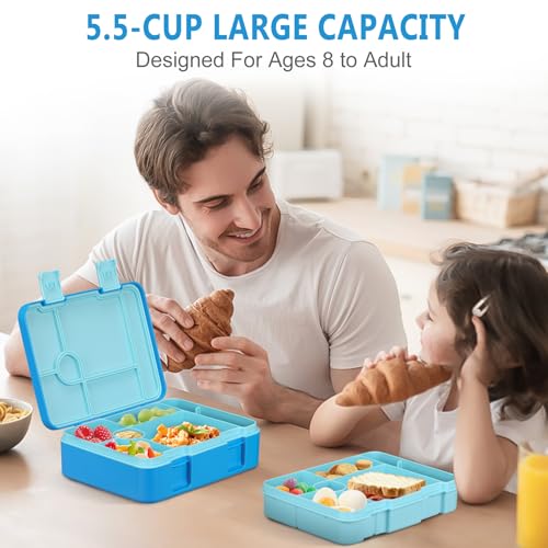Kids Bento Lunch Box with Ice Pack, 5 Compartments Leak-Proof Bento Box with Utensils, 5.5-Cup Capacity for Adults & Ages 8+, BPA Free, Microwave & Dishwasher Safe, Blue - color: Blue