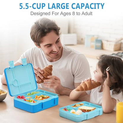 Kids Bento Lunch Box with Ice Pack, 5 Compartments Leak-Proof Bento Box with Utensils, 5.5-Cup Capacity for Adults & Ages 8+, BPA Free, Microwave & Dishwasher Safe, Blue - color: Blue