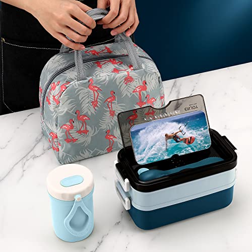 2-Tier Bento Lunch Box for Men & Adults with Insulated Lunch Bag | 50 OZ Large Capacity Bento Box with BPA-Free Utensils & Cup & Sauce Container, Leakproof, Microwave Safe for Work & Meal Prep - color: Blue