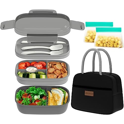 JBGOYON Leakproof Bento Box & Insulated Lunch Bag Set, 4-Piece, Black | 6-hour thermal retention, includes nested knife fork spoon, 2 reusable snack pouches, designed for adults and kids - color: Black