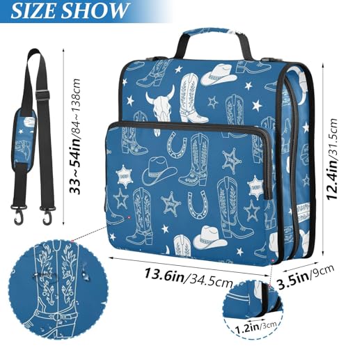 Western Cowboy Blue Pattern 3 Ring Zipper Binder with Shoulder Strap & Handle 1.5 Inch D-Ring Zippered Bag with Pencil Pouch,Expanding File Folder, Binder Organizer for School or Office - color: Western Cowboy Boot Blue