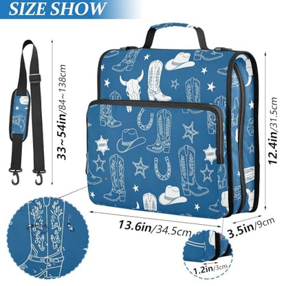 Western Cowboy Blue Pattern 3 Ring Zipper Binder with Shoulder Strap & Handle 1.5 Inch D-Ring Zippered Bag with Pencil Pouch,Expanding File Folder, Binder Organizer for School or Office - color: Western Cowboy Boot Blue