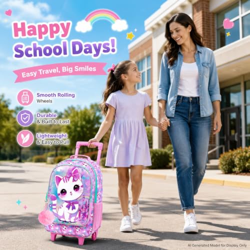 CCJPX 3PCS Rolling Backpack for Girls,Kids Cat Backpacks with Roller Wheels, Wheeled Bookbag with Lunch Box for Toddler Elementary School - color: White Cat