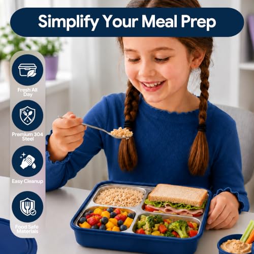 Large 10 x 7.5" Stainless Steel Bento Lunch Box with 4 Compartments Leakproof Lid BPA-Free 304 Stainless Steel Food Container - Keeps Food Separate for Adults and Kids School Office and Travel, Yellow - color: Yellow