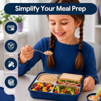 Large 10 x 7.5" Stainless Steel Bento Lunch Box with 4 Compartments Leakproof Lid BPA-Free 304 Stainless Steel Food Container - Keeps Food Separate for Adults and Kids School Office and Travel, Yellow - color: Yellow