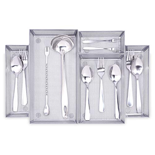 WuGeShop Mesh Silverware Tray Drawer Organizer, Kitchen Utensils Flatware with Anti-slip Mats, Silverware Storage Cutlery Tray for Knives Fork Spoon (5 Separate Compartments, Silver)