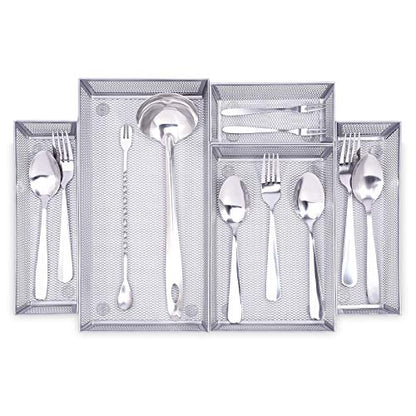 WuGeShop Mesh Silverware Tray Drawer Organizer, Kitchen Utensils Flatware with Anti-slip Mats, Silverware Storage Cutlery Tray for Knives Fork Spoon (5 Separate Compartments, Silver)