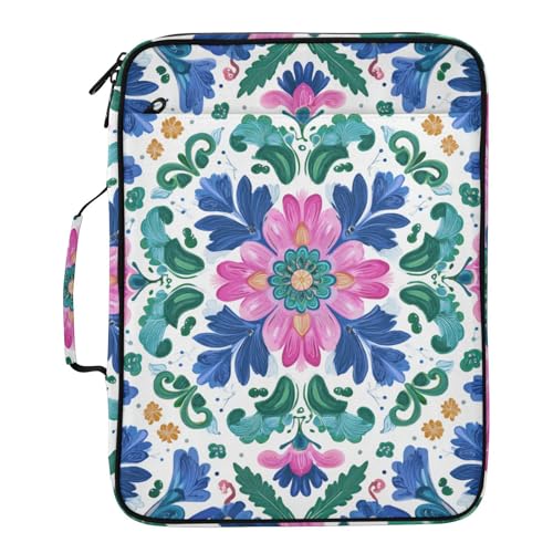 Blue Pink Green Flower Mandala Boho Accordion File Organizer Expanding File Folder Zipper Binder 3 Ring with Handle 500 Sheets Capacity Document Organizer Storage Bag Multi Pockets Design - color: Blue Pink Green Flower Mandala Boho