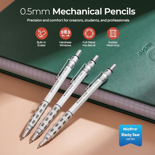 Nicpro 3 Pack Blocky Gear 0.5 mm Metal Mechanical Pencils Set with Case, Lead Drafting Pencil with 8 Tube (480PCS) Lead Refills(HB 2B), 4 Erasers, 18 Eraser Refills for Art Writing, Sketching Drawing - style: 0.5mm
