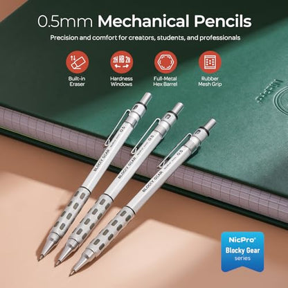 Nicpro 3 Pack Blocky Gear 0.5 mm Metal Mechanical Pencils Set with Case, Lead Drafting Pencil with 8 Tube (480PCS) Lead Refills(HB 2B), 4 Erasers, 18 Eraser Refills for Art Writing, Sketching Drawing - style: 0.5mm