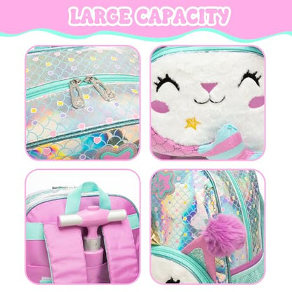Rolling Backpack for Kids Girls 8-12,Lightweight Backpack with Wheels,Mermaid Wheeled School Backpack with Pencil Case Lunch Box for Elementary Middle School - color: White Mermaid