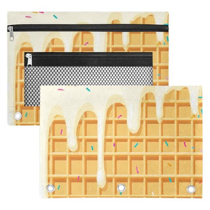 Waffle Cookies Pencil Pouch for 3 Ring Binder White Ice Cream Pencil Case Bag with Clear Window Zipper Pockets for Kids Girls Boys Students School College Supplies 2 Pack - color: White