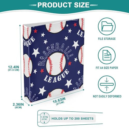 3 Ring Binder with Clipboard, D Rings Holds 200 Sheets, Heavy Duty Binders Folder for School Office, Waterproof PVC Cover with 3 Interior Clear Pockets, Baseballs
