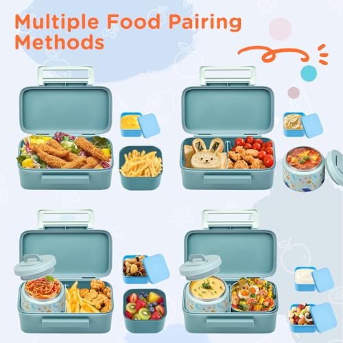 MAISON HUIS Bento Box for Kids with 8oz Soup Thermo, Insulated Lunch Bag & 17oz Water Bottle, 2-Compartment Bento Box with Built-In Ice Pack, Leak-Proof & BPA-Free - color: Blue2