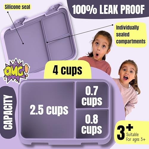 BEARFOOT Kids Lunch Box with Compartments – Compact & Lightweight | Leak-Proof, BPA-Free, Dishwasher Safe | Hand-Drawn Design for Preschool, School, Travel (Purple, 4 Cups) - color: Purple, size: 4 Cups