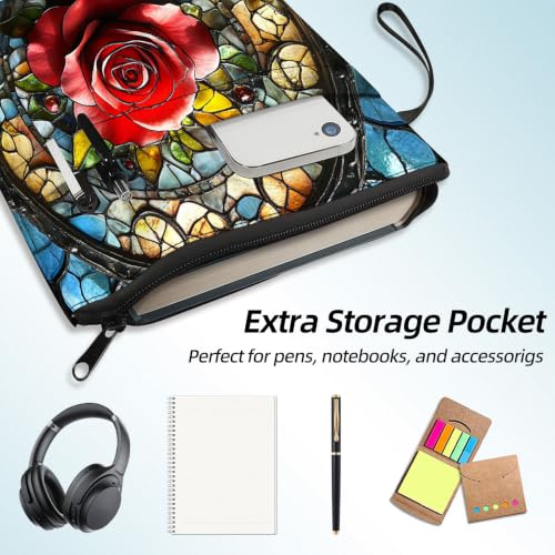 Padded Book Sleeve with Zipper & Front Pocket, Fabric Book Cover | Stained Glass Red Rose Cross11.4"x8.7" Washable Canvas Pouch for Hardcovers, Tablets & Reading Accessories - color: Stained Glass Red Rose Cross