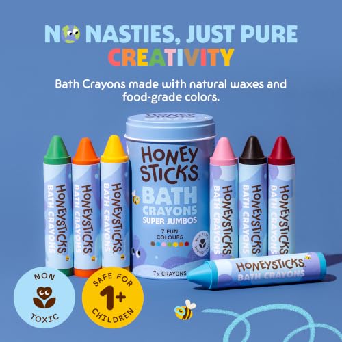 Honeysticks Super Jumbo Bath Crayons Non Toxic (7 Pack) for Toddlers 1-3 and Kids 4-8, Natural Beeswax Crayons, Food-Grade Colors, Fragrance Free, Non Irritating, Bath Toys for Bathtub, Shower, Gift