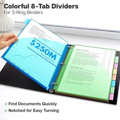 Dunwell 2-Pocket 8-Tab Divider Pockets, (6 Sets, 48 Count), 5 Colors, Plastic 8 Subject Notebook Tab Dividers for 3-Ring Binders, Includes Label Inserts, Durable Acid-Free Poly - size: 6 Sets (48 pcs)
