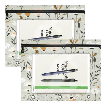 Pencil Pouch for 3 Ring Binder Sage Florals 2 Pack Large Pencil Case Pouch with Zipper & Grommets, Clear Binder Bag, School Office Supplies