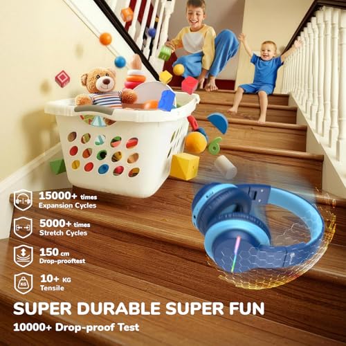 iClever BTH12 Kids Bluetooth Headphones,Colorful LED Lights Kids Headphones Wireless,74/85dBA Safe Volume,85H Playtime,Fast Charging,Bluetooth 5.2,Over Ear,Built-in Mic for iPad/Tablet/Airplane,Blue - color: B-Blue