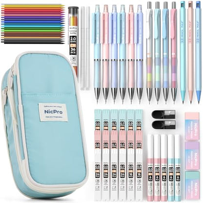 Nicpro 45PCS Mechanical Pencils with 462 Lead Refills (Blue) | 0.5mm-2.0mm Cute Mechanical Pencil Pet, School Supplies Stationary Set with Pencil Case for Girl Note-Taking & Back to School - size: 45 PCS