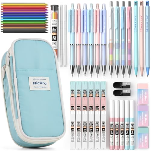 Nicpro 45PCS Mechanical Pencils with 462 Lead Refills (Blue) | 0.5mm-2.0mm Cute Mechanical Pencil Pet, School Supplies Stationary Set with Pencil Case for Girl Note-Taking & Back to School - size: 45 PCS