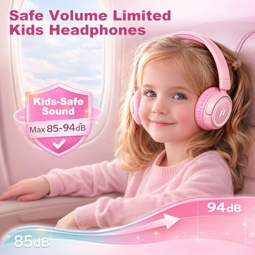 B2 Kids Bluetooth Headphones,85/94dB Safe Volume Limited, Lightweight,Adjustable Toddler Headphones for Ages 2-12,80H Playtime, Bluetooth 5.4, for iPad/Tablet/Travel/School (Pink) - color: Pink