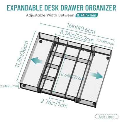 2 Pack Expandable Desk Drawer Organizer Tray with 10 Adjustable Compartments Metal Mesh Office Drawer Organizer for Home, School Supplies, Makeup Vanity & Jewelry (Black) - color: 2 Pack Black