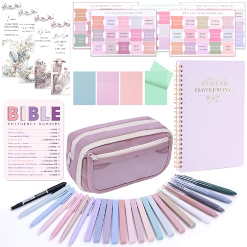 XKDOUS Bible Study Supplies Journaling Kit for Women, Bible Study Kit, 12 Pastel Highlighters and 12 Pens No Bleed, 75 Laminated Tabs, Prayer Journal Pencil Case and More, Purple - color: Purple