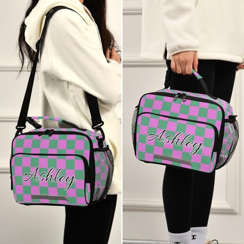 Custom Student Lunch Bag for Boys Girls Green Pink Checkered Personalized Lunch Box With Name Insulated Cooler Bag for School Picnic Travel - color: Multi15
