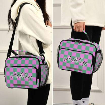 Custom Student Lunch Bag for Boys Girls Green Pink Checkered Personalized Lunch Box With Name Insulated Cooler Bag for School Picnic Travel - color: Multi15