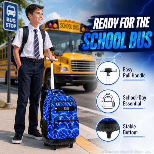 AGSDON Dynamic Lightning Men Rolling Backpack with Wheels Set – 20” Roller Bookbag for Boys with Matching Lunch Box for Travel, Commute & School | Water-Resistant Fashion Wheeled Organizer in Blue - color: Rolling Backpack Set - Lightning Blue