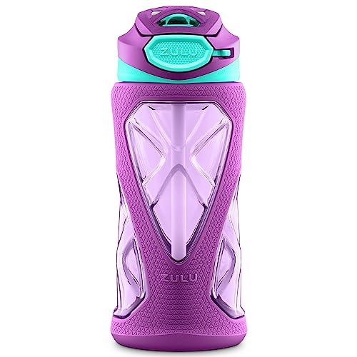 ZULU Torque 16oz Plastic Kids Water Bottle with Silicone Sleeve and Leak-Proof Locking Flip Lid, Soft Touch Carry Loop for School Backpack, Lunchbox, BPA-Free Dishwasher Safe - color: Purple, style: Single