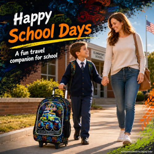 AGSDON 3PCS Rolling Backpack for Girls and Boys, Kids Roller Wheels Bookbag, Wheeled Elementary School Bag with Lunch Bag - color: Truck Roll