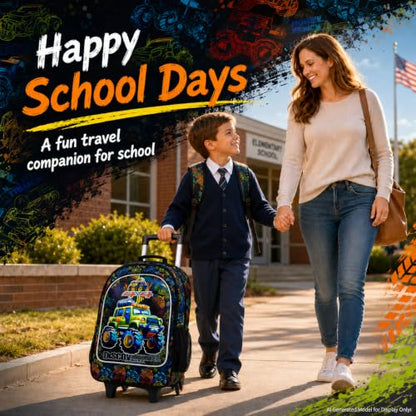 AGSDON 3PCS Rolling Backpack for Girls and Boys, Kids Roller Wheels Bookbag, Wheeled Elementary School Bag with Lunch Bag - color: Truck Roll