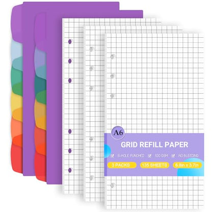 Antner A6 Grid Refill Paper 6-Hole Planner Inserts for A6 6-Ring Refillable Binder, 135 Sheets/270 Pages Graph Loose Leaf Filler Paper with 12 PCS Binder Dividers for Journal Note Math Work - color: Grid Square Paper