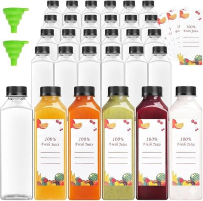 OBKJJ 80pcs 24oz Pcs Juice Bottles, Juice Bottle with Caps Reusable Empty Clear Bottles with Label, Funnel, Brush Bulk Beverage Containers for Juicing, Drinking, Smoothie and Other Beverages (24oz) - size: 24 Ounces