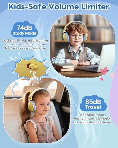 awatrue Kids Headphones, 74/85dB Safe Volume Limit, Stereo Sound, Wired On-Ear Headphones for Kids Boys Girls, 3.5mm Jack for Tablet, iPad, Kindle, YOTO Player, Airplane Travel, Yellow - color: Yellow-Blue