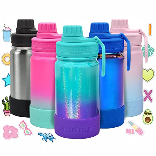 CHILLOUT LIFE 12oz Kids Insulated Stainless Steel Water Bottle with Leak Proof Spout Lid & 144 Stickers - color: Mermaid Sparkle, style: 12 oz