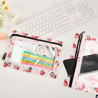 2 Pack Pencil Pouches for 3 Ring Binder, Pink Strawberries Bows Pattern Zipper Pouch, Pencil Case for Binder, Clear Top Pen Bag with Grommets for Office School College