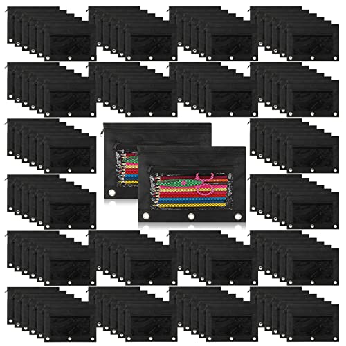 Zhehao 150 Pieces Zipper Binder Pencil Pouches 3 Ring Binder Zipper Pouches Case with Window Ring Pencil Bags Case or Office School Students Supplies(2 Zipper,Full Black) - size: Full Black, style: 2 Zipper