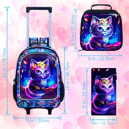 CCJPX 3PCS Rolling Backpack for Girls, Kids Cat Roller Wheels School Bookbag with Lunch Bag, Wheeled School Bag for Toddler Elementary Children - color: Black Cat