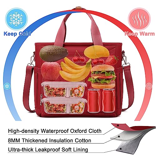 AIJIEKE Large Insulated Lunch Bag for Women, Work Lunch Box Tote, Red | Leakproof, durable multi-compartment cooler. Reusable with shoulder strap. Perfect for travel meal prep, picnic, beach - color: Red