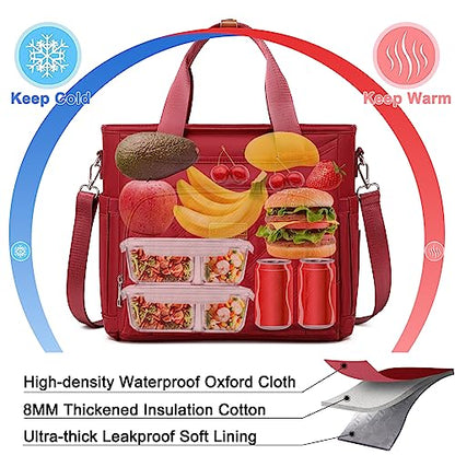 AIJIEKE Large Insulated Lunch Bag for Women, Work Lunch Box Tote, Red | Leakproof, durable multi-compartment cooler. Reusable with shoulder strap. Perfect for travel meal prep, picnic, beach - color: Red