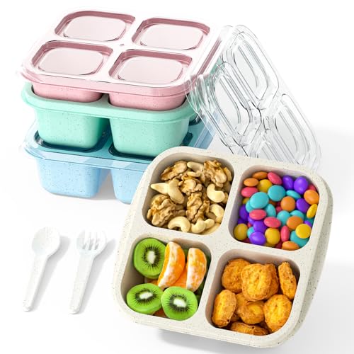 Snack Containers(4 Pack), 4-Compartment Meal Prep Containers, Reusable, Snack Boxes for Kids & Adults, Food Storage Containers for School, Work, Travel (Green/Blue/Pk/Beige) - color: Green/Blue/Pk/Beige