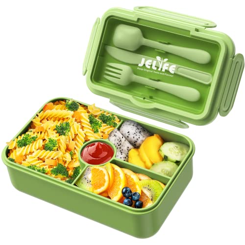 Jelife Bento Box Kids Lunch Box - Large Bento-Style Leakproof with 4 Compartments Food Storage Container with Tableware for Kids Back to School, Reusable On-the-Go Meal and Snack Packing, Green - color: 1100ml-Green